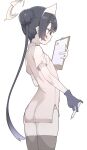  1girl absurdres ass black_hair black_thighhighs blue_archive blue_gloves clipboard closed_mouth commentary_request cowboy_shot dress flat_chest from_side gloves hair_bun halo hand_up hat highres holding holding_clipboard holding_syringe kisaki_(blue_archive) korean_commentary light_blush long_hair looking_ahead microdress nurse nurse_cap pelvic_curtain pink_dress s10021 short_sleeves simple_background skindentation smile solo standing syringe thighhighs very_long_hair white_background white_hat yellow_halo 
