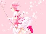  arya_(tianhua) bow bow_(weapon) bubble_skirt gloves hair_bow kaname_madoka magical_girl mahou_shoujo_madoka_magica pink_eyes pink_hair revision short_hair short_twintails skirt smile solo twintails weapon 