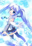  blue_eyes blue_hair detached_sleeves hatsune_miku headset highres long_hair looking_at_viewer looking_back mikeou necktie outstretched_arms scarf skirt smile snowflakes solo thighhighs twintails very_long_hair vocaloid white_scarf yuki_miku zettai_ryouiki 