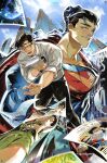  1boy absurdres artist_name black_hair black_pants blue_eyes blue_sky building cape clark_kent collared_shirt comic_cover cover cover_page dc_comics dual_persona glasses highres jimmy_olsen lois_lane male_focus my_adventures_with_superman newspaper official_art pants photo_(object) shirt sky superhero_costume superman superman_(series) sweater third-party_source tokitokororo 