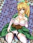  blonde_hair breasts cleavage cube_(circussion) green_eyes highres huge_breasts leafa long_hair pointy_ears solo sword_art_online 