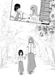  child comic flower forest frog_hair_ornament greyscale hair_ornament highres holding_hands iwamoto_sora kochiya_sanae matching_outfit monochrome multiple_girls nature sewing_machine snake_hair_ornament touhou walking 