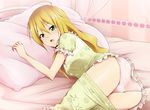  blonde_hair blush green_eyes hoshii_miki idolmaster idolmaster_(classic) kaiga long_hair lying on_side pajamas pajamas_pull panties pillow pink_panties solo underwear 