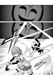  armband belt cape comic daniyyel+jennifer gloves greyscale hair_ornament hairclip highres kyukyutto_(denryoku_hatsuden) magical_girl mahou_shoujo_madoka_magica mahou_shoujo_madoka_magica_movie miki_sayaka monochrome short_hair slashing sword thighhighs weapon 