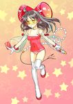  bow colorized expressionless hair_bow hakurei_reimu leg_up leotard long_hair looking_at_viewer red_bow red_leotard science_fiction sentarou solo standing standing_on_one_leg star touhou 