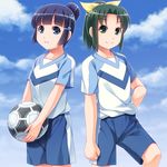  alternate_hairstyle aoki_reika ball blue_eyes blue_hair cloud day green_eyes green_hair looking_at_viewer midorikawa_nao multiple_girls ponytail precure sayousuke short_hair shorts sky smile smile_precure! soccer_ball soccer_uniform sportswear tango_(soccer_ball) 