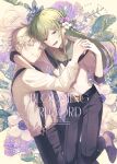  1boy 1girl aged_up alternate_costume black_footwear black_pants blonde_hair buttoned_cuffs buttons collared_shirt colored_eyelashes commentary_request copyright_name cover dated floral_background flower hair_flower hair_ornament highres kagerou_project kano_shuuya kido_tsubomi leaf leaf_background long_hair long_sleeves looking_at_viewer looking_to_the_side midair mokemoke_chan pants purple_eyes purple_flower shirt shirt_tucked_in shoes side-by-side sleeves_past_elbows smile suspenders two-tone_shirt white_background white_flower white_shirt yellow_eyes 