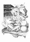  :d absurdres bell bottle bow crossed_legs cup fangs frills gourd greyscale hair_bow highres horns ibuki_suika indian_style long_hair monochrome open_mouth oshake sakazuki sitting sketch skirt sleeveless smile solo teeth touhou traditional_media 