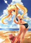  arf beach bikini blonde_hair cloud day fate_testarossa kouno_hikaru leaning_forward long_hair looking_at_viewer looking_back lyrical_nanoha mahou_shoujo_lyrical_nanoha outdoors solo swimsuit twintails 