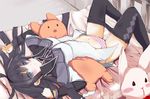  akemi_homura argyle argyle_legwear bed black_hair blush deanoia long_hair lying magical_girl mahou_shoujo_madoka_magica navel on_back panties pantyhose pantyhose_pull purple_eyes revision solo striped striped_panties stuffed_animal stuffed_bunny stuffed_toy underwear 