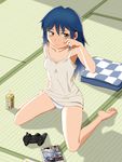  absurdres barefoot blue_hair blush brown_eyes chemise controller feet game_controller highres juice_box long_hair on_floor original panah panties sitting soles solo tatami tears toes underwear wariza wiping_tears 