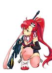  anti-materiel_rifle bad_id bad_pixiv_id bikini_top boots fingerless_gloves full_body gloves gun hair_ornament long_hair mirin_(youton_jou) one_knee pink_legwear ponytail red_hair rifle scarf skull_hair_ornament sniper_rifle solo tengen_toppa_gurren_lagann thighhighs weapon white_background yoko_littner 