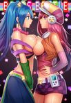  alternate_costume anger_vein arcade_miss_fortune arcade_sona belt blue_eyes blue_hair breast_press breasts breasts_outside checkered checkered_skirt cowboy_shot detached_sleeves earrings from_side hair_ornament highres jewelry large_breasts league_of_legends miniskirt multiple_girls nail_polish necklace pink_eyes pink_hair sarah_fortune sideboob skirt sona_buvelle spichis star star_hair_ornament sweatdrop symmetrical_docking twintails 