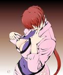  bamurang breasts cleavage cleavage_cutout cropped_jacket finger_in_mouth hair_over_eyes jacket large_breasts leotard leotard_pull long_hair miniskirt nail_polish naughty_face navel open_clothes open_jacket ponytail red_hair shermie signature skirt solo split_ponytail the_king_of_fighters 
