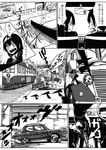  1girl a.hebmuller bad_id bad_pixiv_id car comic driving formal greyscale ground_vehicle highres monochrome motor_vehicle necktie original pantograph road seat sign steering_wheel streetcar suit translated 