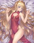  absurdres armpits bare_shoulders blonde_hair blush breasts cagliostro_(granblue_fantasy) china_dress chinese_clothes cleavage_cutout collarbone covered_navel crown dress eyelashes granblue_fantasy highres long_hair looking_at_viewer lying oukawa_yuu pelvic_curtain purple_eyes side_slit small_breasts solo very_long_hair 