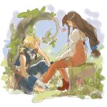  1boy 1girl bare_shoulders belt blonde_hair blue_pants blue_ribbon blue_vest blush bodysuit boots breasts brown_belt brown_hair cropped_vest final_fantasy final_fantasy_xi garnet_til_alexandros_xvii gloves grey_footwear grey_gloves hair_tie highres juliet_sleeves long_hair long_sleeves looking_at_another low-tied_long_hair low_ponytail medium_breasts mmariesr neck_ribbon on_one_knee orange_bodysuit pants puffy_long_sleeves puffy_sleeves red_footwear ribbon shirt short_hair_with_long_locks sitting thigh_strap tree vest white_shirt wrist_cuffs zidane_tribal 