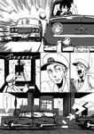 2boys a.hebmuller bad_id bad_pixiv_id car comic driving formal greyscale ground_vehicle hat highres monochrome motor_vehicle multiple_boys newspaper original road seat sign steering_wheel translated yawning 
