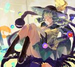  boots covering_mouth flower green_eyes green_hair hat hat_ribbon heart heart_of_string komeiji_koishi paint ribbon sabiirodoramu short_hair skirt solo third_eye touhou 