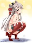  amatsukaze_(kantai_collection) breasts brown_eyes choker collarbone convenient_leg garter_straps hair_ornament hair_tubes kantai_collection long_hair looking_at_viewer nipples nude puddle red_legwear silver_hair small_breasts solo squatting suggestive_fluid suspenders thighhighs two_side_up umyonge_(lkakeu) very_long_hair 