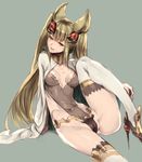  animal_ears breasts brown_eyes brown_hair cameltoe cape covered_navel erune granblue_fantasy hair_ornament high_heels leg_lift leotard long_hair metera_(granblue_fantasy) natsuhiko simple_background sitting small_breasts smile solo stiletto_heels thighhighs twintails very_long_hair white_legwear 