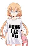  71 bespectacled blonde_hair brown_eyes clothes_writing futaba_anzu glasses idolmaster idolmaster_cinderella_girls irony long_hair product_placement shirt simple_background solo song_name stuffed_animal stuffed_bunny stuffed_toy t-shirt twintails 