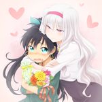  aqua_eyes black_hair blush bouquet earrings fang flower ganaha_hibiki grin hair_ribbon hairband heart hug hug_from_behind idolmaster idolmaster_(classic) jewelry long_hair multiple_girls myonde open_mouth ponytail purple_eyes ribbon shijou_takane silver_hair smile sweat yuri 