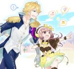  1boy 1girl :d arm_grab atelier_(series) atelier_lydie_&amp;_suelle blonde_hair blue_eyes blue_jacket blue_pants cake cake_slice commentary_request epaulettes food frilled_hairband frills green_skirt hairband ice_cream_cone jacket karasumi_(aiseec) long_hair long_sleeves mathias_ferrier_adalet neck_ribbon open_mouth outstretched_arm pants pink_eyes pink_hair pointing profile pudding ribbon short_hair skirt smile sparkle spoken_object spoken_sweatdrop standing suelle_malen sweatdrop walking yellow_ribbon 