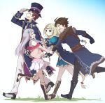  2boys 2girls :d arm_up atelier_(series) atelier_lulua belt black_footwear black_hat blue_coat blunt_bangs boots brown_hair christoph_aurel_arland circlet closed_eyes coat commentary_request elmerulia_fryxell full_body green_eyes grey_hair hand_on_headwear hat heart jacket karasumi_(aiseec) knee_boots long_hair long_sleeves looking_at_another multiple_boys multiple_girls nicodemus_david_dieter open_mouth pants piana_(atelier) pink_jacket profile shoes short_hair smile standing top_hat walking walking_backwards white_pants 