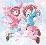  album_cover animal_ears blue_eyes brown_hair bunny_ears cake candy cellphone chaba_(hortensia) cookie cover cup fake_animal_ears food fruit hair_bobbles hair_ornament hat hat_with_ears holding_hands hood hoodie jumping lollipop long_sleeves looking_at_viewer multiple_girls nanahira open_mouth original outstretched_arm outstretched_hand pantyhose phone pink_eyes shirt skirt smile strawberry teacup teapot thighhighs twintails v white_legwear zettai_ryouiki 