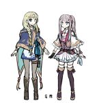  2girls adapted_costume alternate_costume atelier_(series) atelier_lulua black_footwear black_gloves black_pantyhose blonde_hair blue_cape blue_eyes blue_ribbon boots braid cape capelet circlet closed_mouth commentary_request dress elmerulia_fryxell frilled_capelet frills full_body gloves karasumi_(aiseec) knee_boots long_hair looking_at_viewer multiple_girls pantyhose piana_(atelier) pleated_skirt ponytail ribbon sash sidelocks simple_background skirt smile standing thigh_strap translation_request twin_braids white_background white_capelet white_dress white_skirt 
