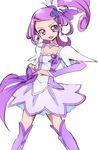  arm_warmers bow brooch choker cowboy_shot cure_sword dokidoki!_precure earrings hair_ornament jewelry kenzaki_makoto magical_girl manji_(tenketsu) ponytail precure purple_bow purple_choker purple_eyes purple_hair purple_legwear purple_skirt short_hair skirt smile solo spade_hair_ornament standing thighhighs white_background 