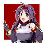  breastplate fang fingerless_gloves gloves headband highres ken'ichi_(silvian125jp) long_hair pointy_ears purple_hair red_eyes solo sword_art_online v yuuki_(sao) 