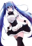  bespectacled blue_eyes blue_hair choker glasses hatsune_miku highres long_hair maid maid_headdress qingye_ling skirt_hold solo thighhighs twintails very_long_hair vocaloid white_background wrist_cuffs 