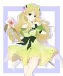  1girl atelier_(series) atelier_ayesha ayesha_altugle bare_shoulders blonde_hair brown_eyes closed_mouth commentary_request cowboy_shot dress drop_shadow flower green_dress hair_flower hair_ornament hand_up holding holding_staff karasumi_(aiseec) long_hair looking_at_viewer off-shoulder_dress off_shoulder pink_flower smile solo staff standing wrist_cuffs 