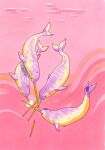  abstract_background animal animal_focus black_eyes broken_horn colored_skin commentary crying english_commentary explosion fighting fleebites full_body highres horns limited_palette multiple_horns narwhal no_humans original pastel_colors pink_background pink_theme purple_skin red_eyes single_horn swimming traditional_media underwater water yellow_skin 