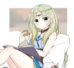 1girl atelier_(series) atelier_lulua bare_shoulders book breasts circlet cleavage closed_mouth commentary_request dress eating food green_eyes holding holding_book holding_food karasumi_(aiseec) knees_up long_hair looking_at_viewer medium_breasts notice_lines open_book piana_(atelier) pillow sitting solo 