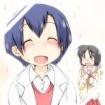  black_eyes black_hair blue_hair blush closed_eyes earrings gaketsu jewelry labcoat multiple_girls nakamura_kana nichijou shinonome_nano short_hair smile winding_key 