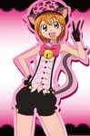  :d animal_ears bell black_gloves brown_eyes brown_hair cat_ears cat_tail futari_wa_precure gloves hand_on_hip hat looking_at_viewer manji_(tenketsu) misumi_nagisa navel open_mouth panther_pink_(precure) precure short_hair shorts smile solo suspenders tail v 