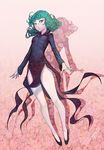  absurdres bare_legs black_dress breasts curly_hair dress eyelashes full_body green_eyes green_hair heewon_lee high_collar highres lipstick looking_at_viewer makeup one-punch_man pelvic_curtain puckered_lips pumps shadow short_hair side_slit small_breasts solo tatsumaki 