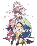  1boy 4girls :d ^_^ atelier_(series) atelier_lulua blonde_hair blue_coat blue_eyes blunt_bangs bow braid brown_hair carrying closed_eyes coat commentary_request elmerulia_fryxell eva_armster grey_hair hair_ornament hat heart heart_hair_ornament human_tower jacket karasumi_(aiseec) long_hair long_sleeves multiple_girls nicodemus_david_dieter open_mouth piana_(atelier) pink_bow pink_hair pink_hat pink_jacket pointing rorolina_frixell shoulder_carry simple_background sitting smile stacking white_background 
