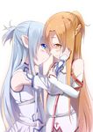  asuna_(sao) asuna_(sao-alo) blue_eyes blue_hair brown_eyes brown_hair detached_sleeves dual_persona hand_on_another's_face long_hair multiple_girls pointy_ears ponytail selfcest smile sword_art_online youda_(ksuy_ooo) yuri 
