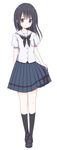  black_eyes black_hair buttons full_body kneehighs loafers looking_at_viewer neckerchief original pleated_skirt sailor_collar satoimoya school_uniform shirt shoes short_sleeves simple_background skirt smile solo standing white_background white_shirt 