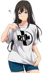  71 blush brown_hair character_name clothes_writing contrapposto cowboy_shot green_eyes idolmaster idolmaster_cinderella_girls jewelry long_hair looking_at_viewer necklace product_placement shibuya_rin shirt shorts simple_background solo standing sweatdrop t-shirt 