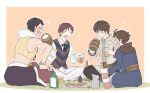  4boys :d alcohol atelier_(series) atelier_lulua black_hair blue_coat blue_ribbon border bottle brown_hair christoph_aurel_arland closed_eyes coat collared_shirt commentary_request crossed_ankles cup drinking facial_hair ficus_finis food full_body hand_on_own_leg hand_up holding holding_cup jacket karasumi_(aiseec) laughing long_sleeves male_focus mug multiple_boys neck_ribbon nicodemus_david_dieter notice_lines open_mouth outside_border pants plate ribbon shirt shoes short_hair sitting smile sterkenburg_cranach white_border white_pants white_shirt yellow_jacket 