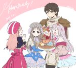  1boy 3girls :d ^_^ armor atelier_(series) atelier_lulua birthday birthday_cake blue_shirt bouquet brown_hair cake closed_eyes coat commentary_request dated detached_sleeves elmerulia_fryxell embarrassed food grey_hair hands_up happy_birthday hat heart holding holding_bouquet holding_plate jacket karasumi_(aiseec) long_hair long_sleeves multiple_girls open_mouth own_hands_together pie pink_coat pink_hair pink_hat pink_jacket plate pleated_skirt puni_(atelier) rorolina_frixell shirt short_hair shoulder_armor skirt smile standing sterkenburg_cranach totooria_helmold 