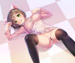  animal_ears bar_censor bottomless breasts breasts_apart brown_hair cat_ears censored checkered checkered_floor covered_nipples green_eyes heart heart-shaped_pupils idolmaster idolmaster_cinderella_girls large_breasts long_sleeves looking_at_viewer lying maekawa_miku on_back on_floor paw_pose pussy pussy_juice signature solo sweater symbol-shaped_pupils teardrop tears thighhighs wavy_mouth youqiniang 