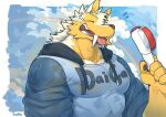 2024 anthro big_fangs big_muscles biped bodily_fluids canid canine canis eyes_closed fangs fur happy kuulongarl male mammal muscular muscular_anthro muscular_male rainbow smile smiling_at_viewer solo sweat teeth wet wet_body white_body white_fur wolf yellow_body yellow_fur