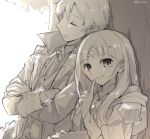  1boy 1girl atelier_(series) atelier_lulua closed_eyes commentary_request crossed_arms ficus_finis finger_to_mouth index_finger_raised jacket karasumi_(aiseec) leaning long_hair long_sleeves looking_at_viewer neck_ribbon open_mouth piana_(atelier) ribbon shirt short_hair shushing sleeping sleeping_upright smile tree upper_body 