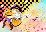  blonde_hair boots candy charlotte_(madoka_magica) checkered checkered_background closed_eyes detached_sleeves drill_hair food hair_ribbon hat jack-o'-lantern magical_girl mahou_shoujo_madoka_magica pleated_skirt ribbon ruo_(cruzada) skirt smile tomoe_mami witch_hat 